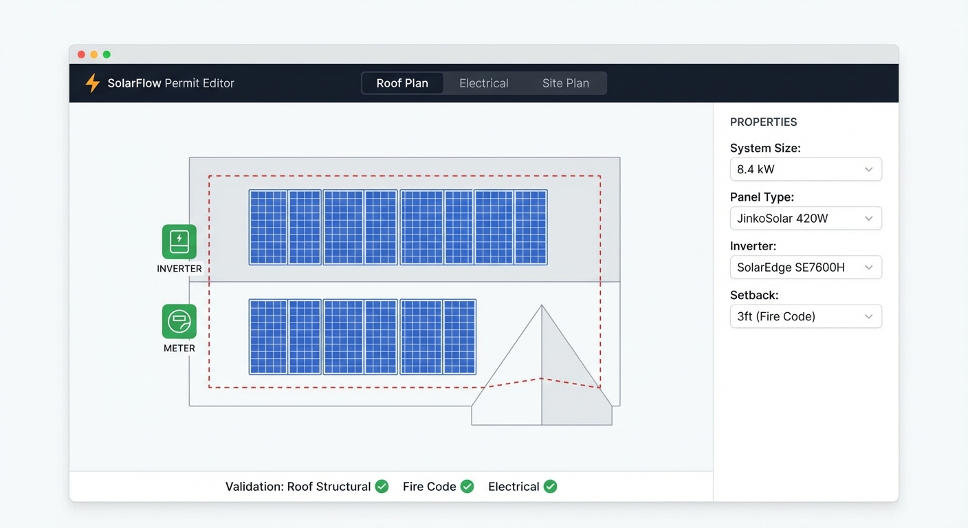 Visual plan set editor showing roof plan with solar panels, fire setbacks, and validation checks